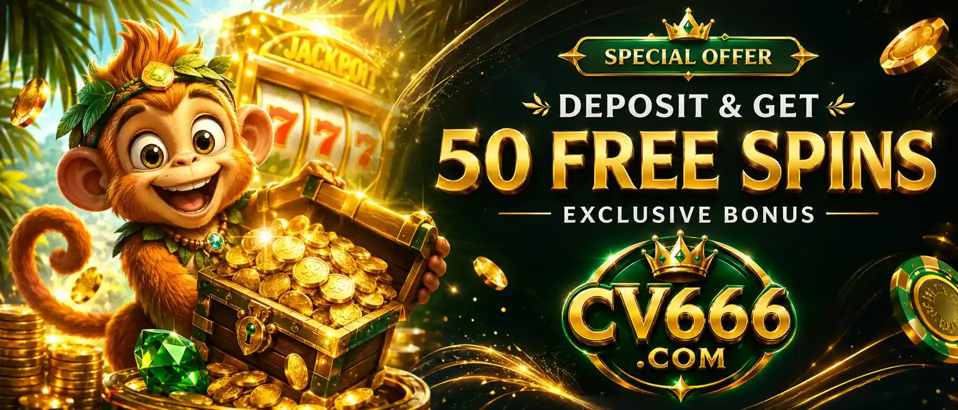 Deposit Get 50 Free Spins Monkey mascot holding treasure chest with coins and 50 free spins offer