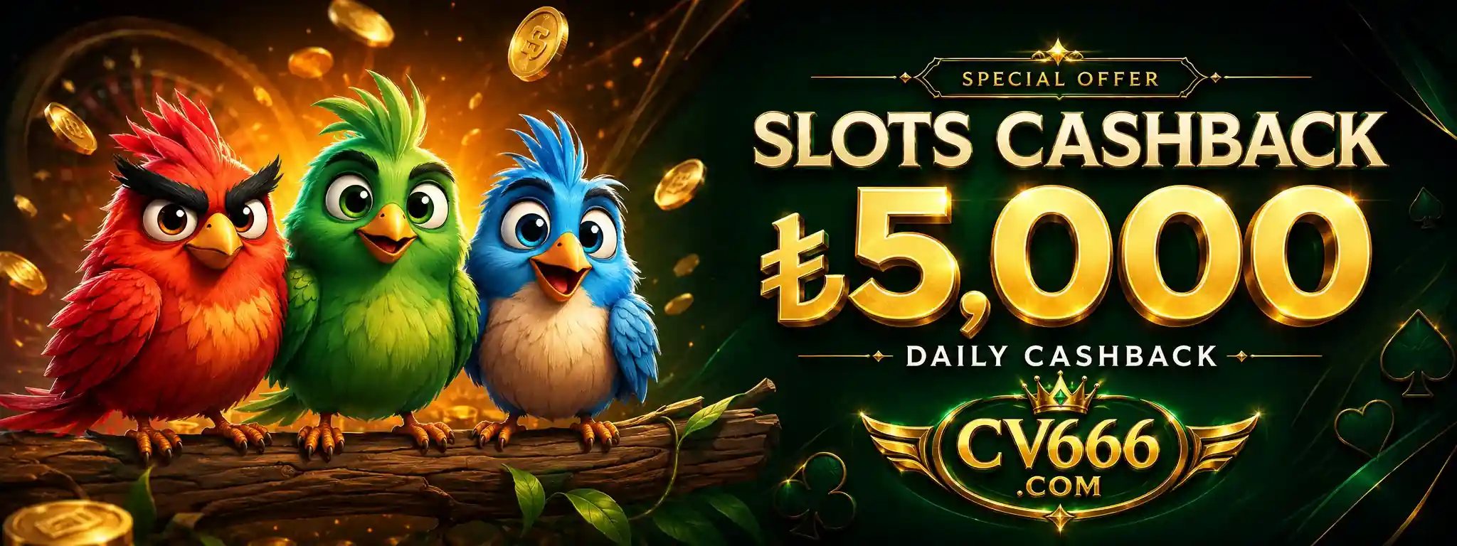 Slots Cashback 5000 Bonus Three colorful birds with slots cashback 5000 daily bonus promotional banner